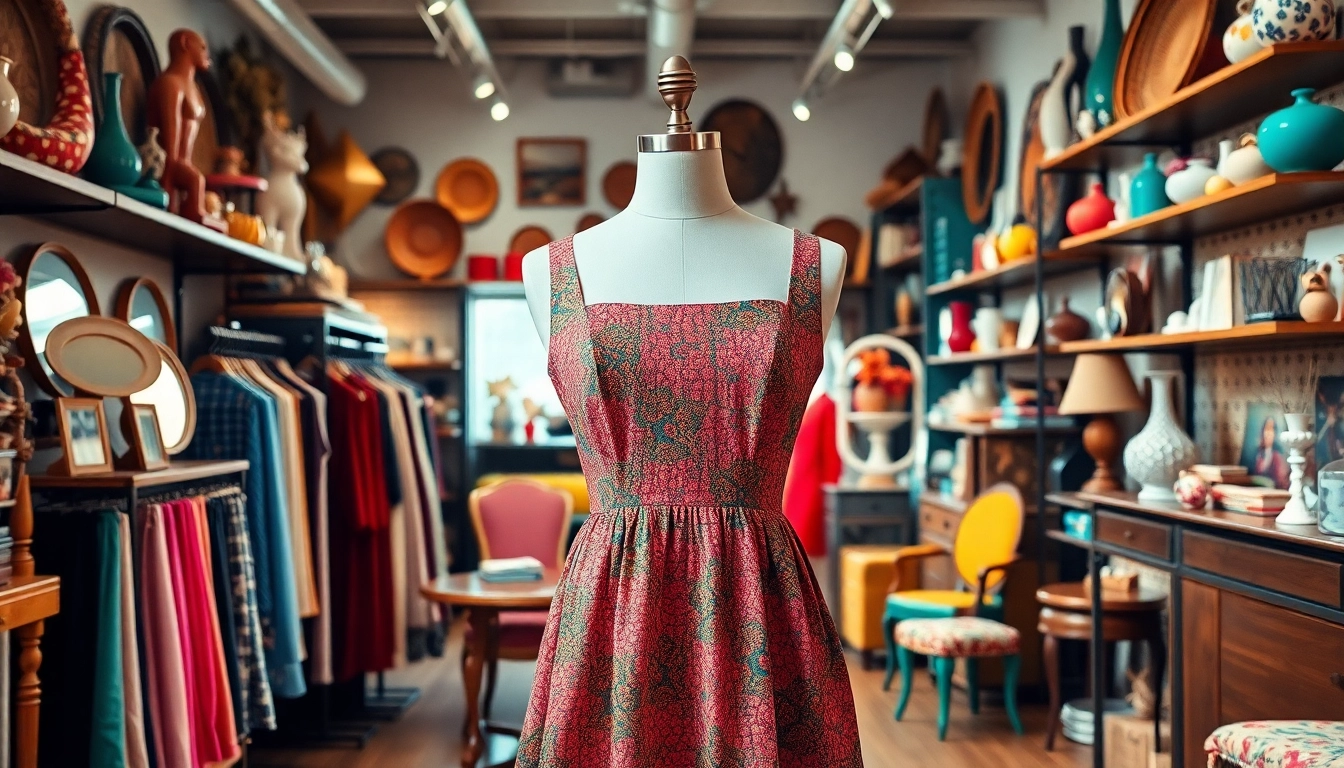 Shop inside a vibrant thrift store featuring vintage clothing and unique decor items.