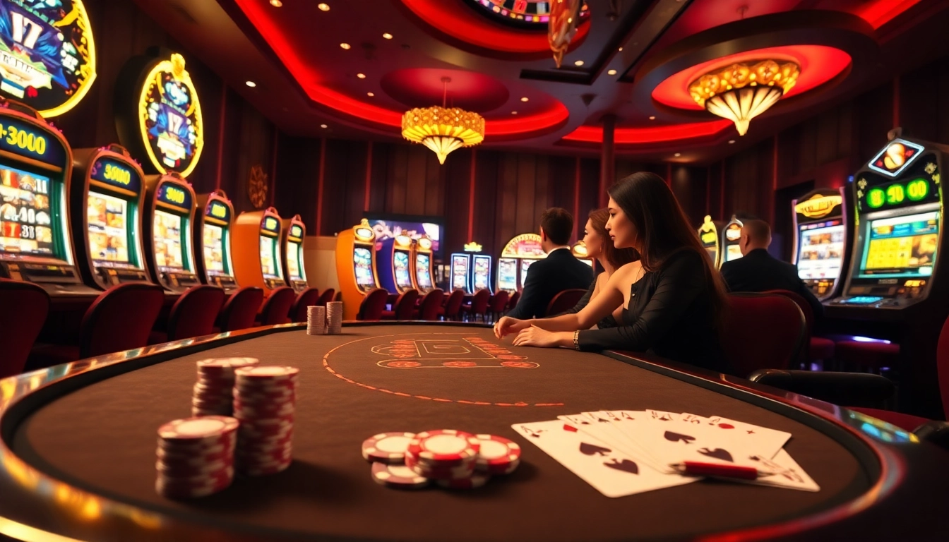 Joueurs engagés appréciant le poker et les jeux de machines à sous dans une atmosphère luxueuse de casino en ligne.