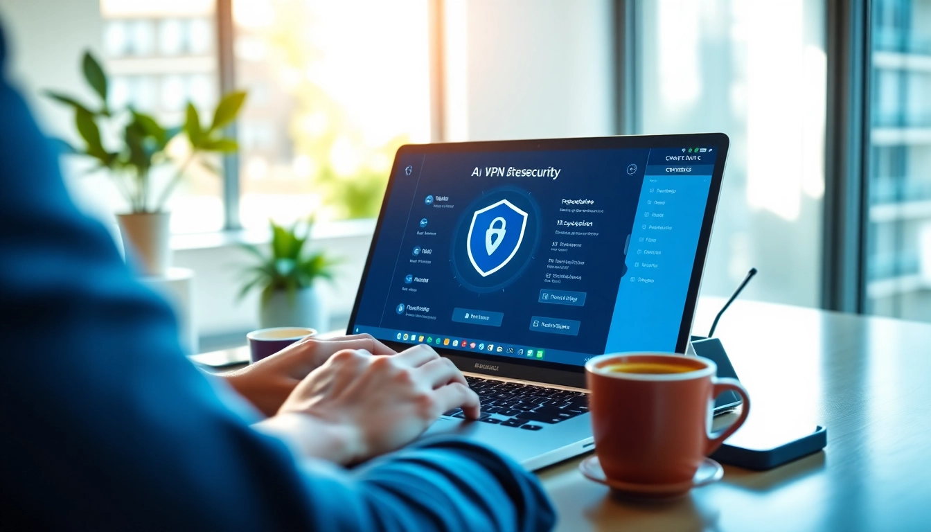 在明亮工作区的笔记本电脑上显示的快连 VPN 应用，突出高速且安全的互联网连接。