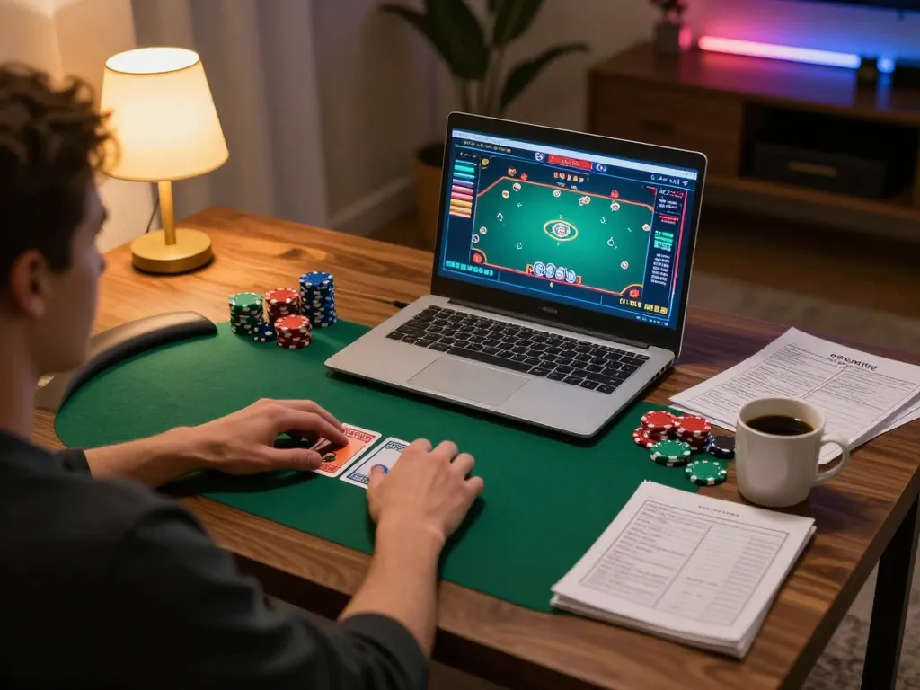 Player engaging in poker on BK8 platform at home, showcasing strategy notes and gaming environment