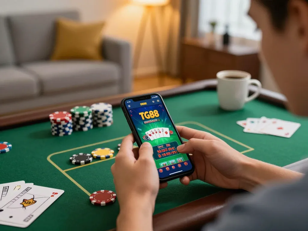 Player engaging with the TG88 app on smartphone, showcasing casino gameplay in a cozy home setting