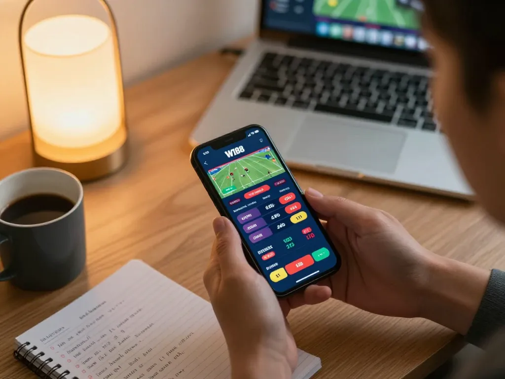 Person exploring the W188 bet mobile app for sports betting in a cozy home setting