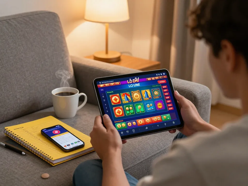 Lô đề online gaming with a cozy home setup, tablet displaying betting interface and strategic notes.