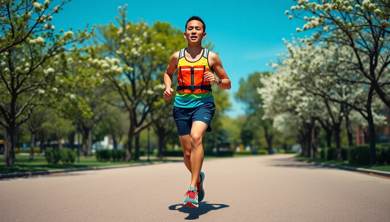 Runner utilizing essential running accessories in a vibrant park setting, embodying fitness.