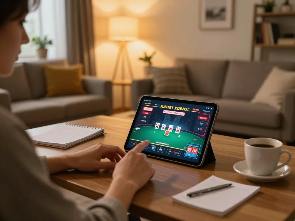 Person using tablet for online gaming with 888now đăng nhập on screen, showcasing home comfort