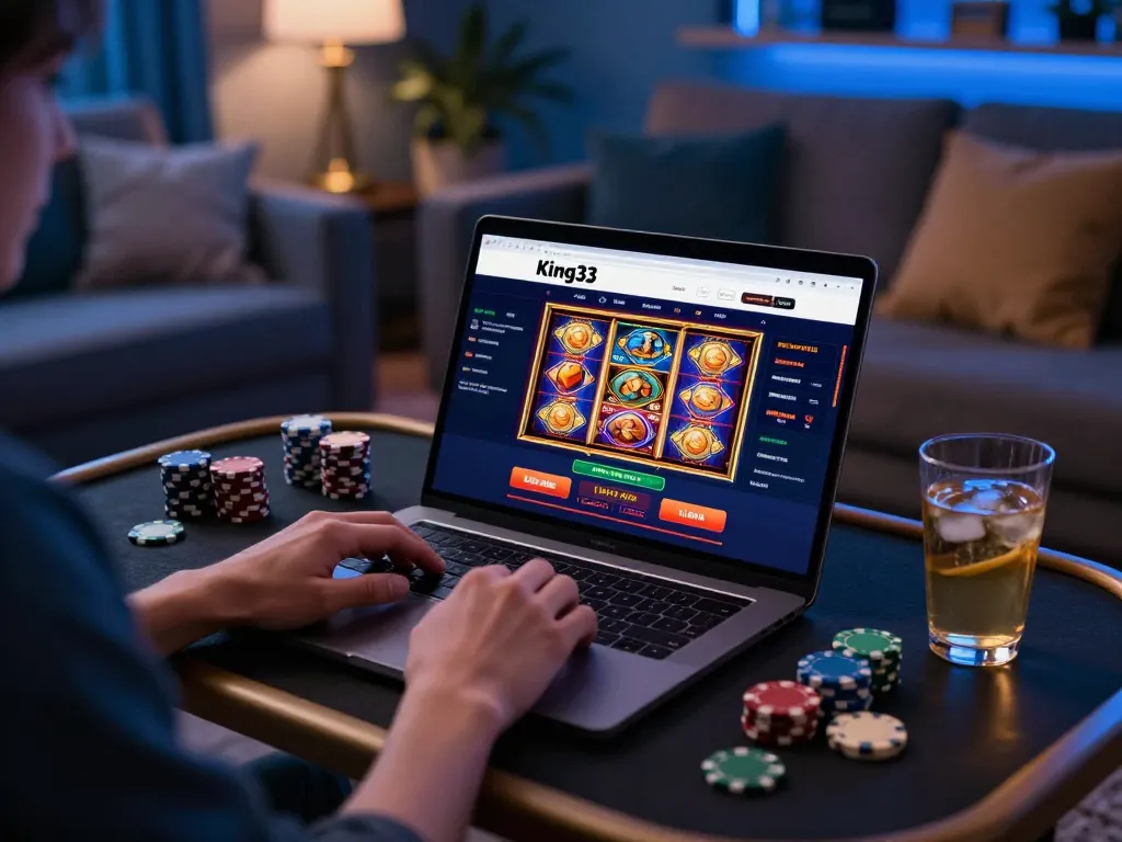 Player enjoying king33 online casino gaming experience on a stylish laptop at home, vibrant slot games visible.