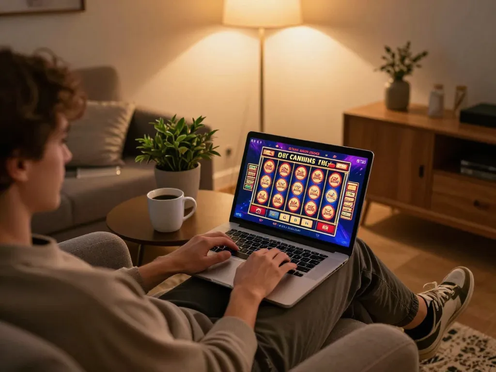 An engaging scene showcasing online casinos Canada gameplay on a laptop, comfortable home setting with relaxing atmosphere.