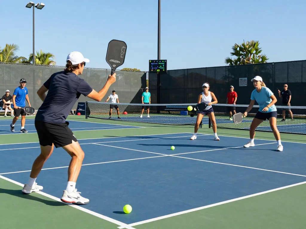 Excited players demonstrating the best pickleball paddles during a lively match on a sunny court