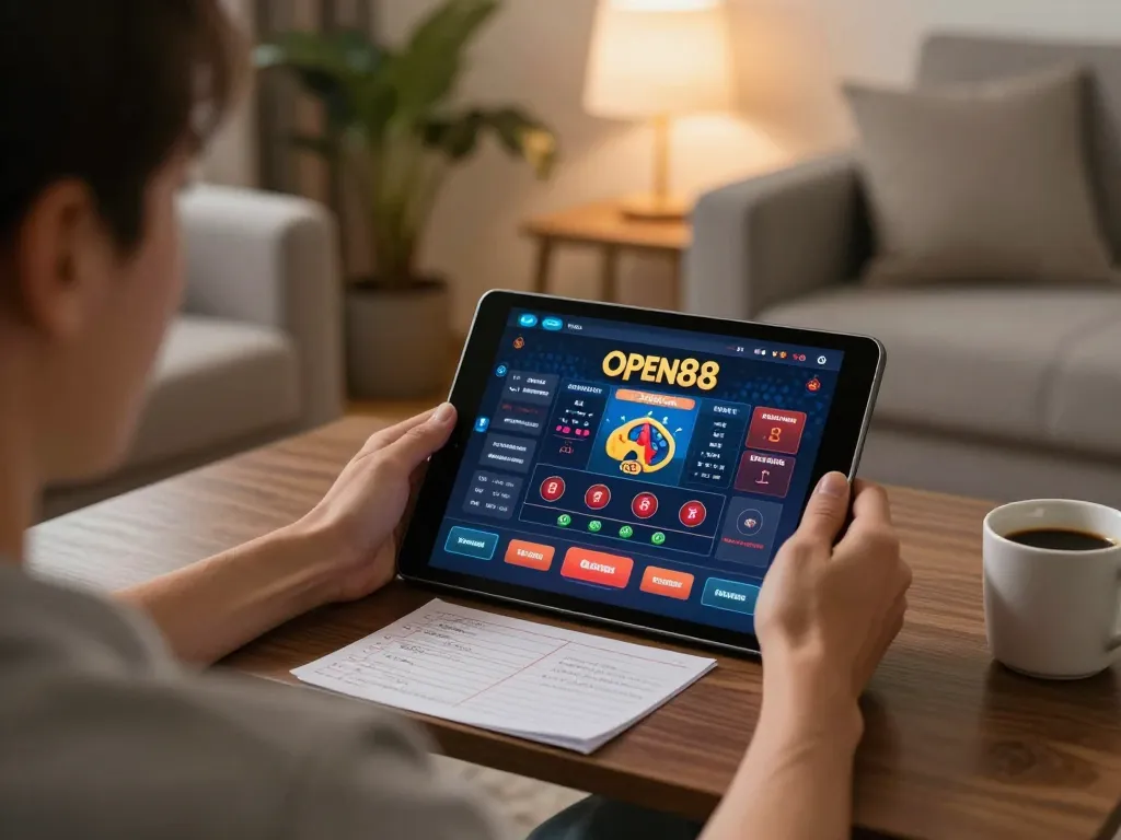 open88 user engaging in online casino gaming with tablet at home, showcasing a cozy atmosphere.