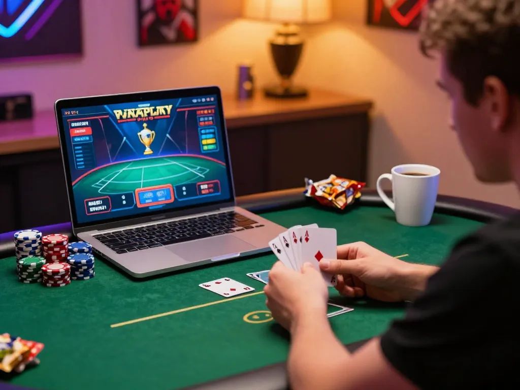 Engaged player at home gaming on a laptop, showcasing thrilling 678vip ne online poker action