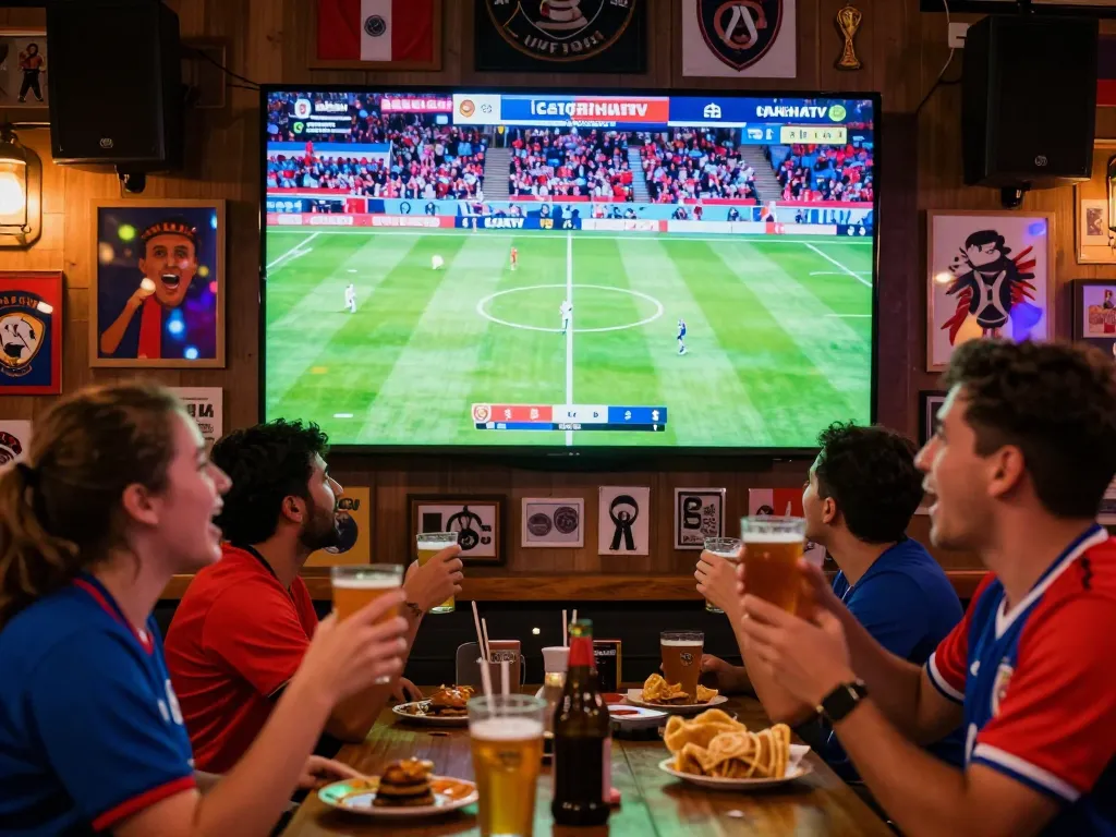 Cakhiatv fans celebrating a live football match in a sports bar filled with excitement and energy.