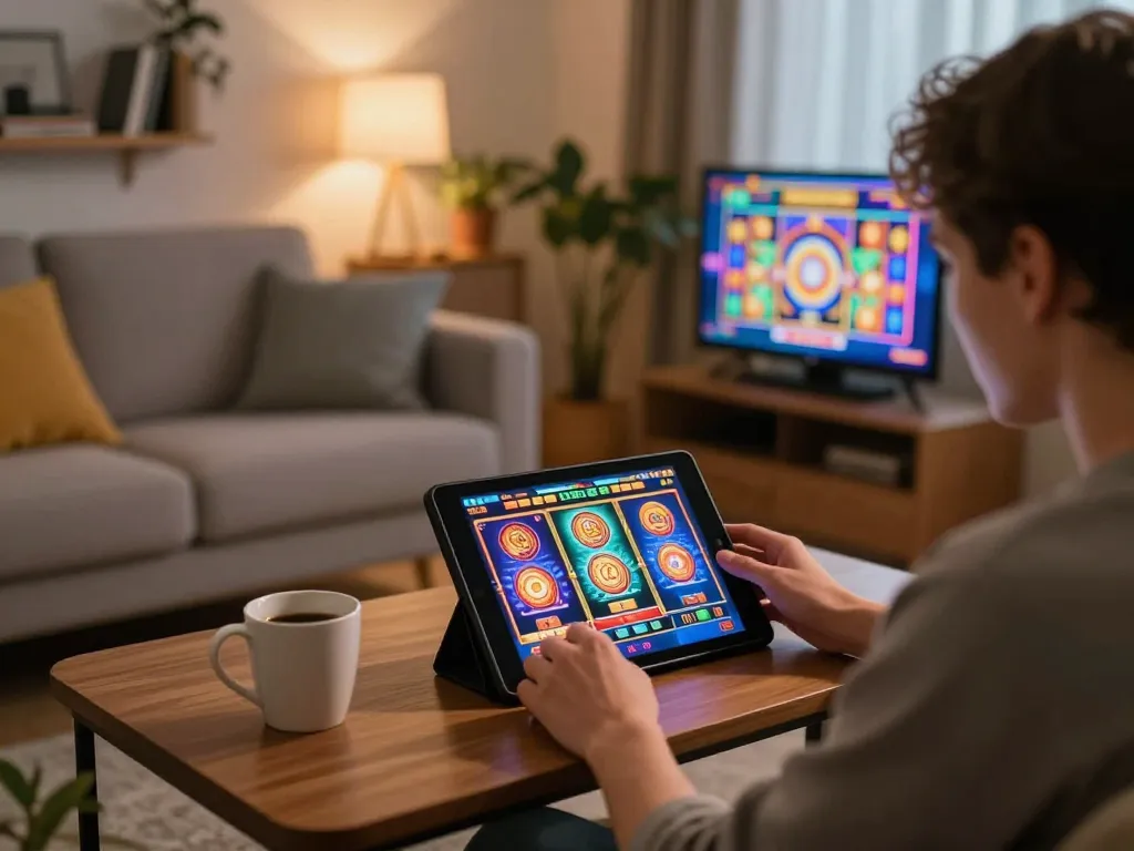 Play slots online at fb88 in a comfortable home setup with engaging tablet graphics.