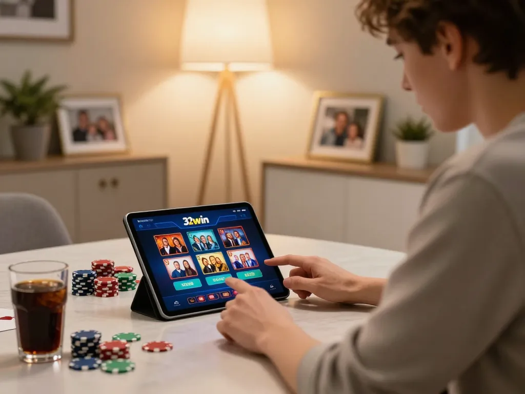 Engaging action with 32win casino app on tablet during home gaming session.