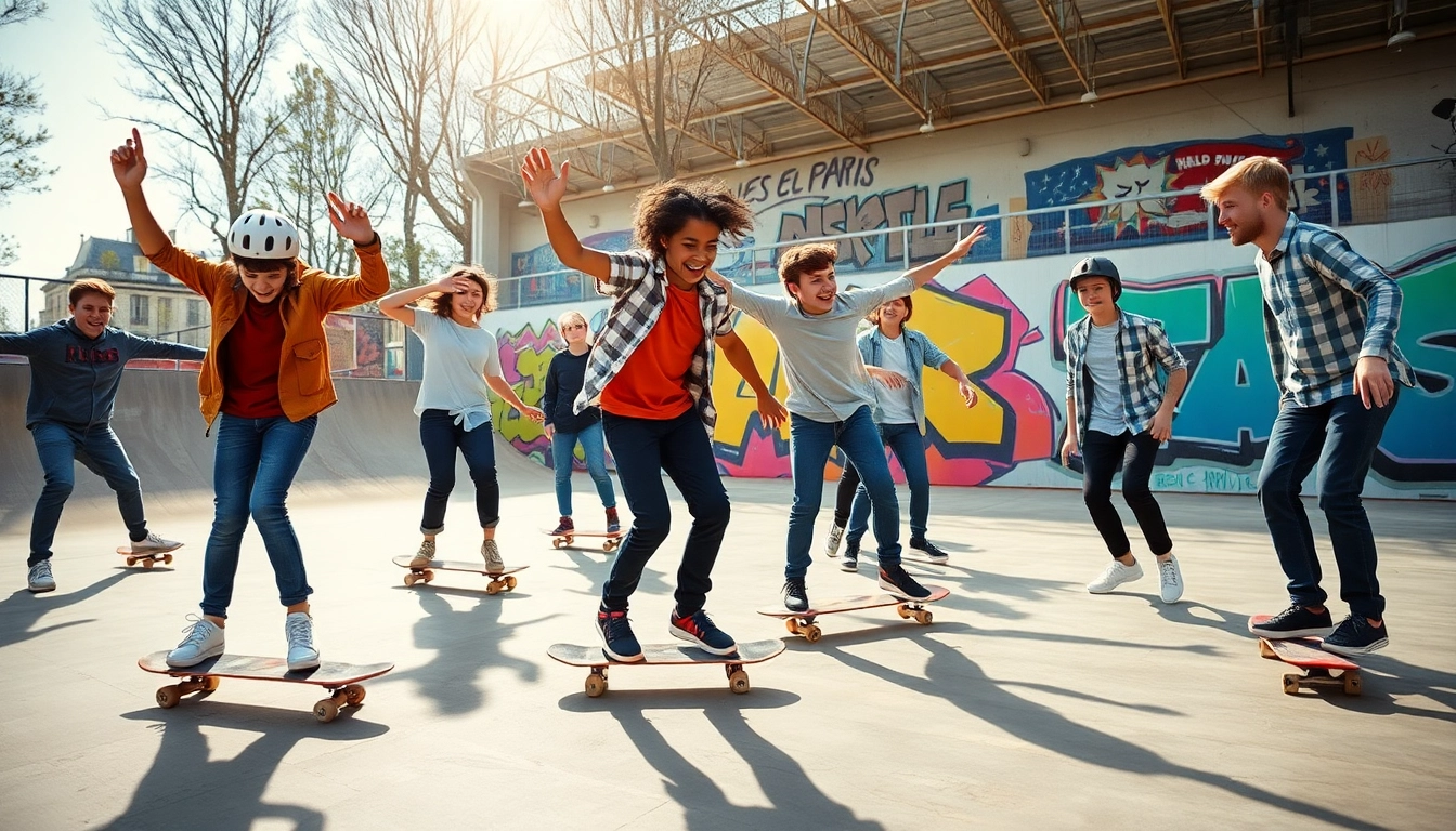 École de Skate Paris, young skaters practicing skills in an energetic skatepark environment.