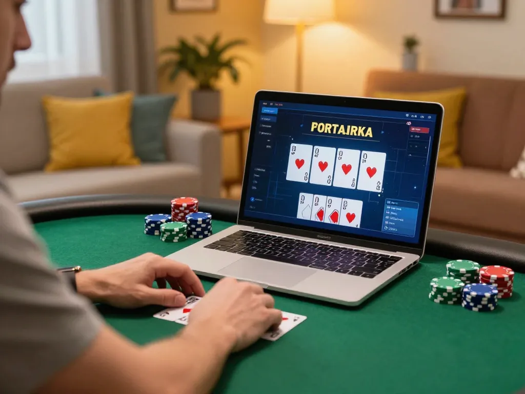Engaging scene with a player gaming at tv88 using a laptop, showcasing a poker interface and cozy atmosphere.