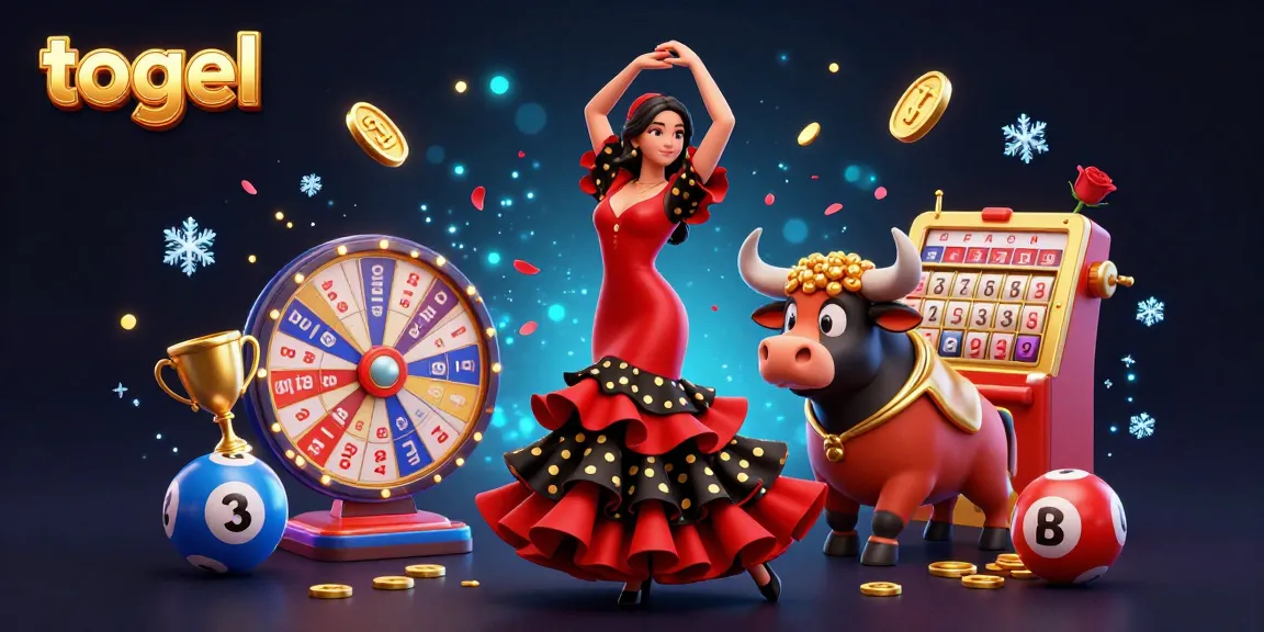 Togel inspired illustration showcasing a flamenco dancer, lottery elements, and dynamic gaming action.