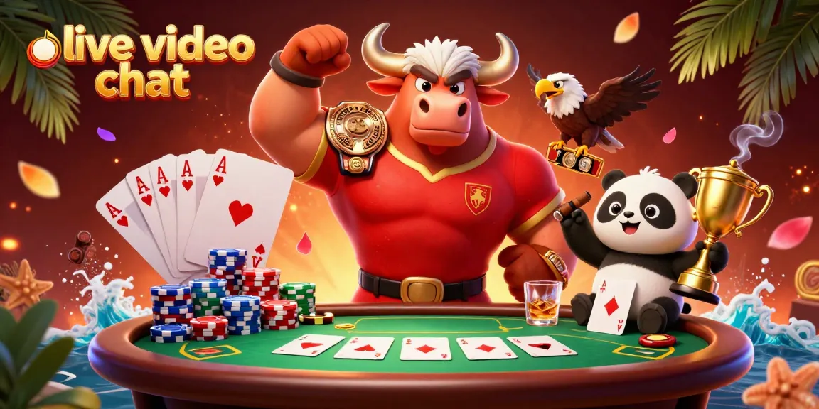 Engage in live video chat with colorful characters and poker elements in this vibrant casino scene.