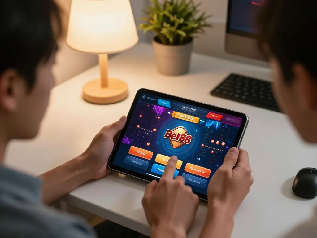 Engaging with the Link Bet88 casino app for a winning strategy in a cozy home environment.