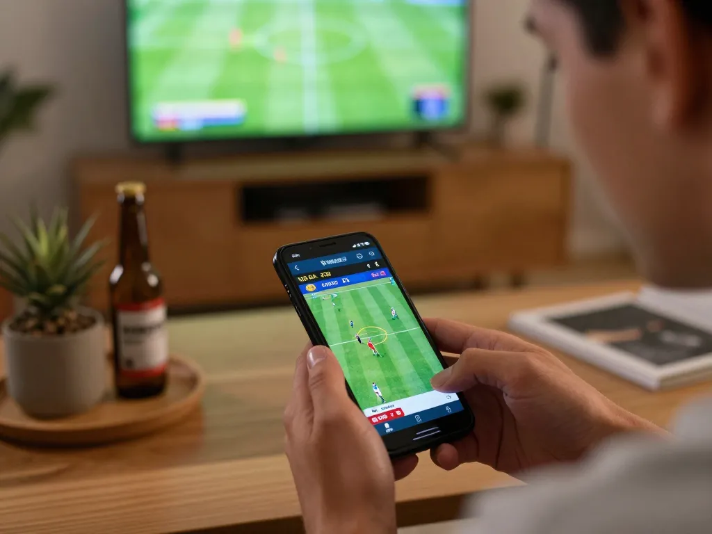 Bong da lu sports betting action with smartphone checking live scores and odds.