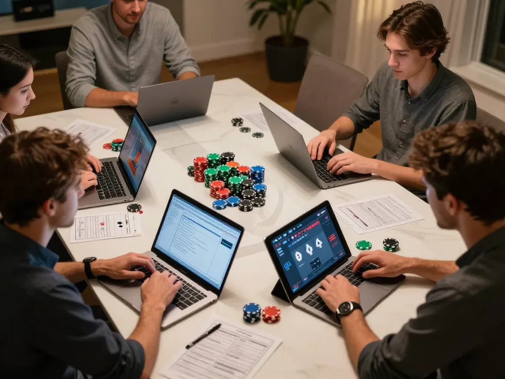 Luck8 players strategizing in an online poker game, surrounded by colorful chips and notes for winning.