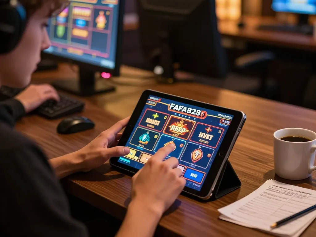 Engaging with FAFA828 online slots from a cozy gaming setup, showcasing strategy notes and responsible gaming.