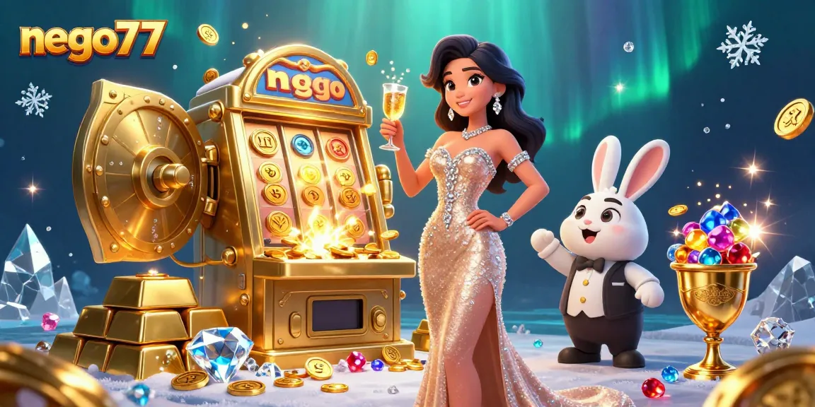 Nego77 players celebrating wins beside a jackpot slot machine adorned with gems and gold.