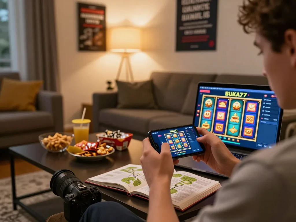 Engaging with BUKA77 casino app on smartphone in a cozy home gaming scene.