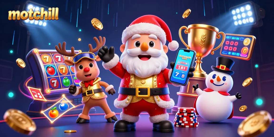 Experience thrilling jackpots with motchill's vibrant casino scene, featuring Santa, a reindeer dealer, and a poker chip snowman.