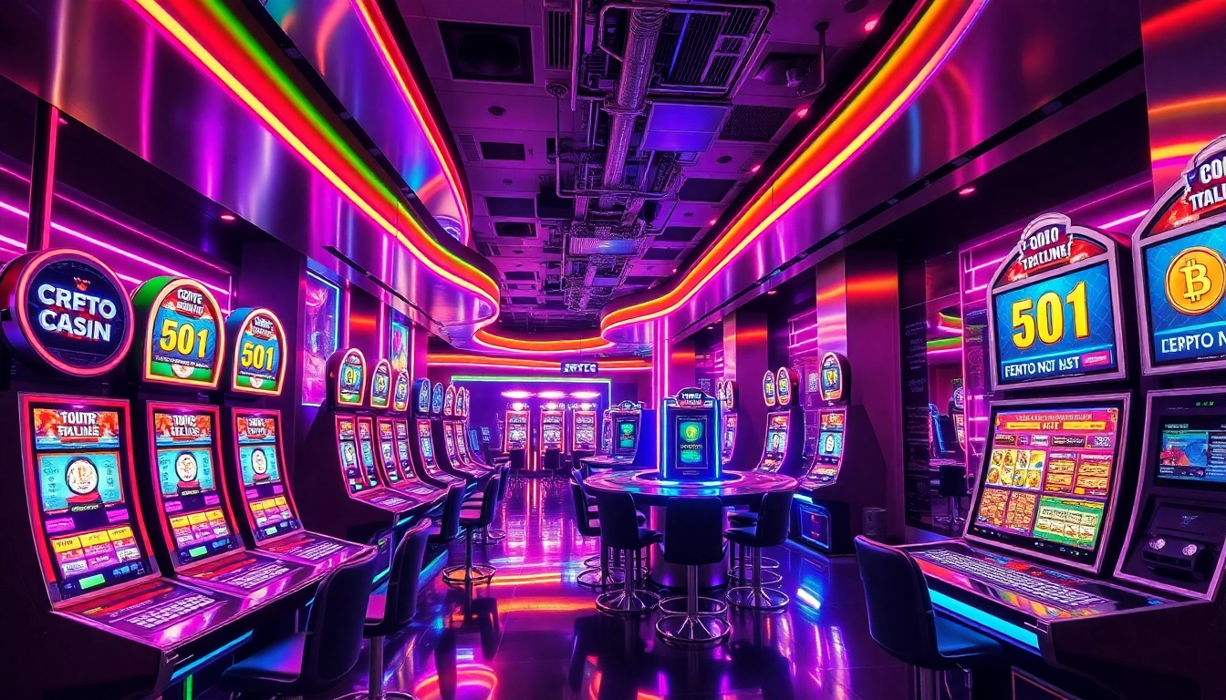 Illustration showing what is crypto casino with vibrant digital gaming atmosphere and cryptocurrency elements.