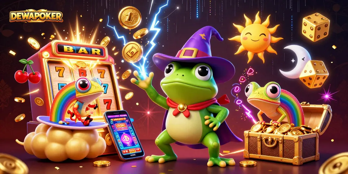 Dewapoker's vibrant scene showcases a powerful frog wizard amidst a golden coin storm, perfect for attracting players.