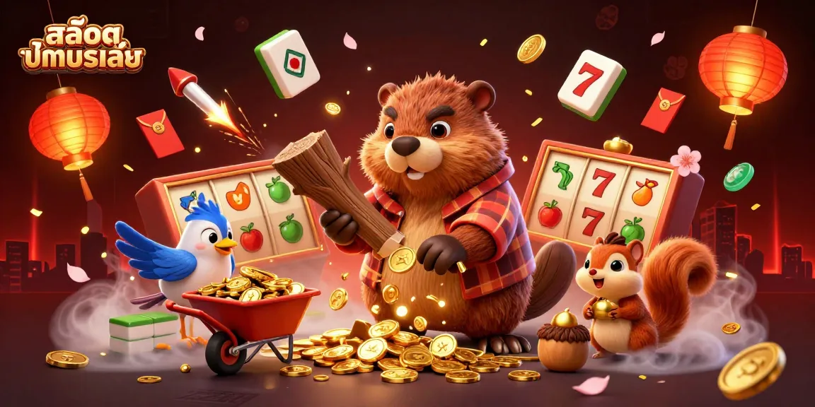 Experience สล็อตทดลองเล่น with cartoon characters celebrating big wins amid coins and festive casino elements.
