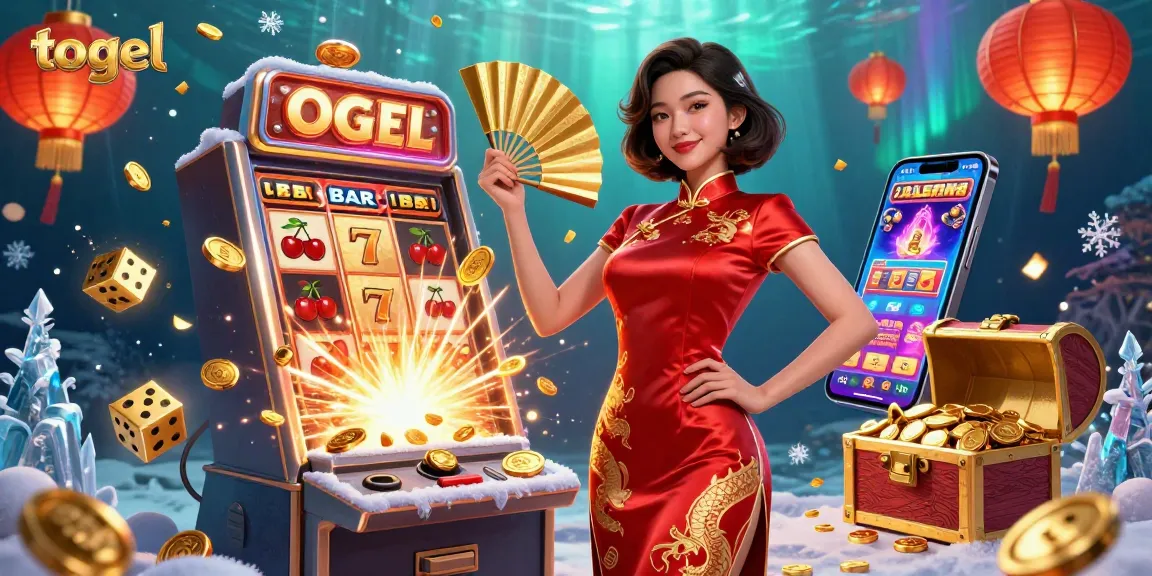 Togel gaming scene with a beautiful woman, vibrant symbols, and a 3D slot machine explosion