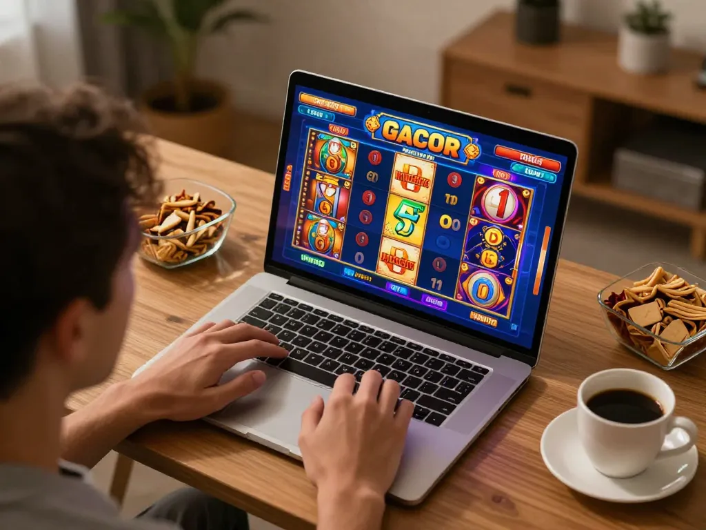 Engaging in slot gacor gameplay on a laptop, showcasing vibrant game graphics and a cozy home setting.