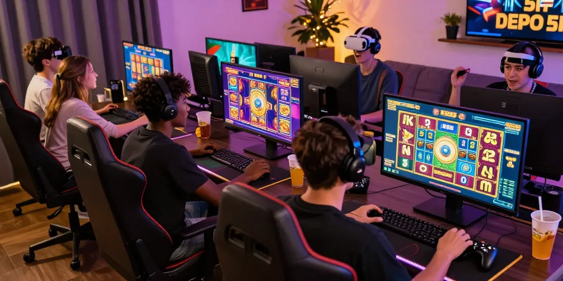 Engaging slot depo 5k gaming scene with diverse players enjoying vibrant online slot games and aiming for jackpots.