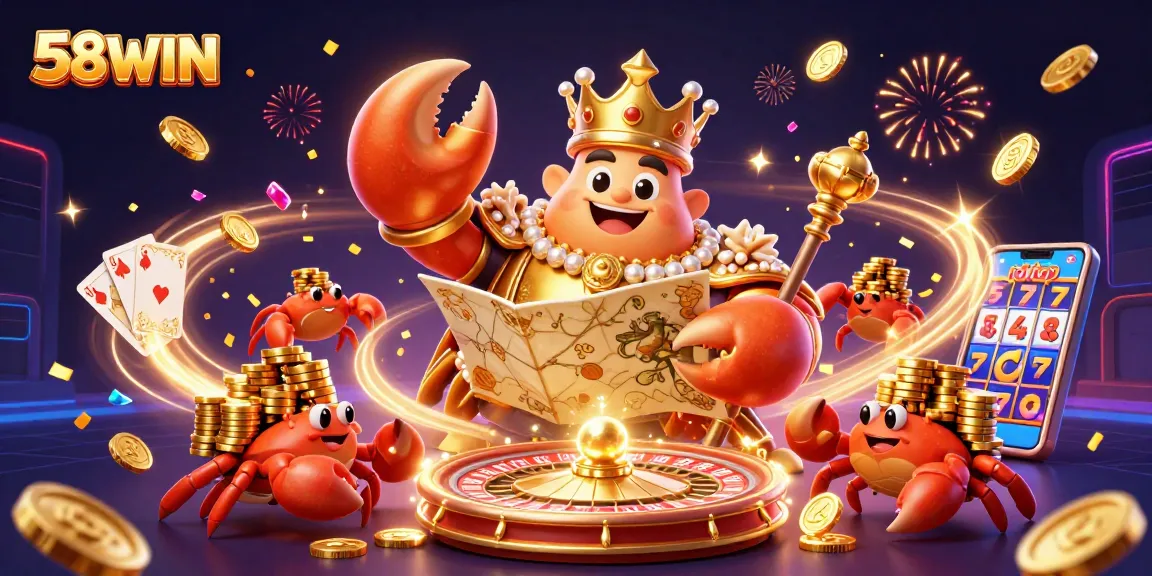 Experience the vibrant gaming world of 58WIN with dynamic characters, golden treasures, and exciting casino elements.