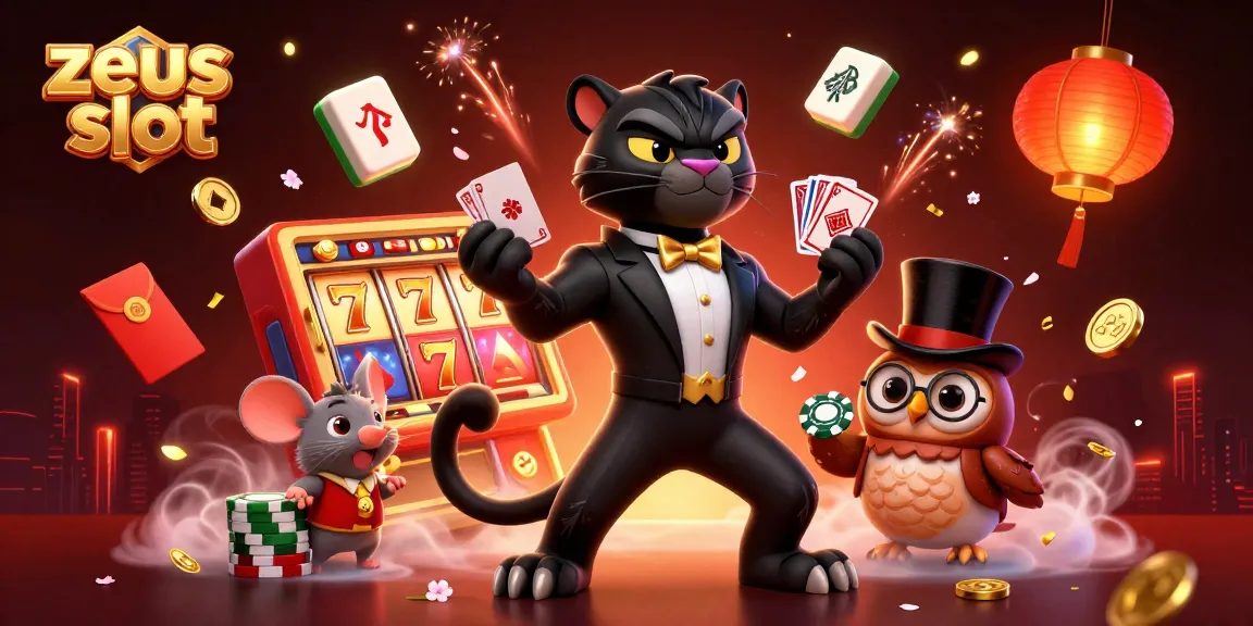 Experience the excitement of zeus slot as an elegant panther deals cards with festive game elements.