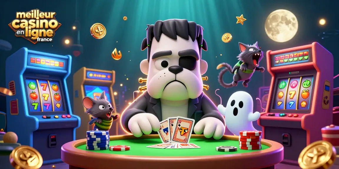 Illustration d'un meilleur casino en ligne France avec un bulldog Frankenstein jouant aux cartes, ambiance immersive.