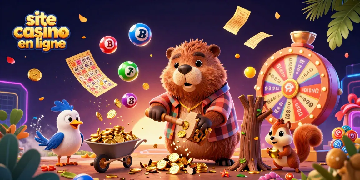 Visualisez une scène dynamique de "site casino en ligne" avec un raton laveur bûcheron récoltant des pièces d'or sous un arbre magique.