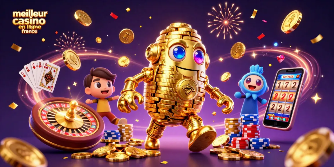 Découvrez le meilleur casino en ligne en France avec une scène de jeux animée et dynamique, remplie de pièces d'or et de roulette.