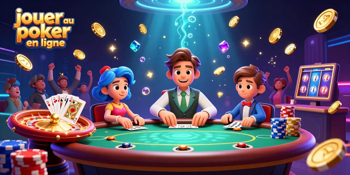 Jouer au poker en ligne avec des personnages animés autour d'une table, entourés de jetons et de cartes.