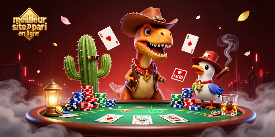 Le meilleur site de paris en ligne avec des personnages de dinosaures et de poker dans une illustration animée captivante