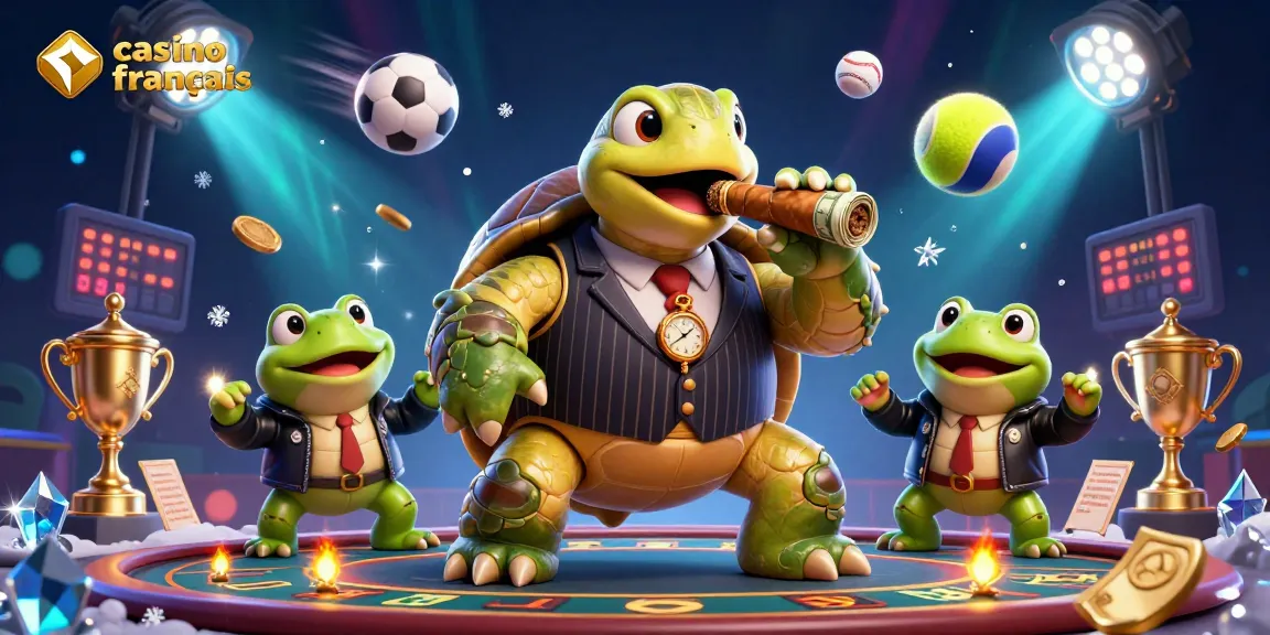 Un casino français crypto animé avec une tortue massive en costume, des grenouilles en défense et des éléments de jeu scintillants.