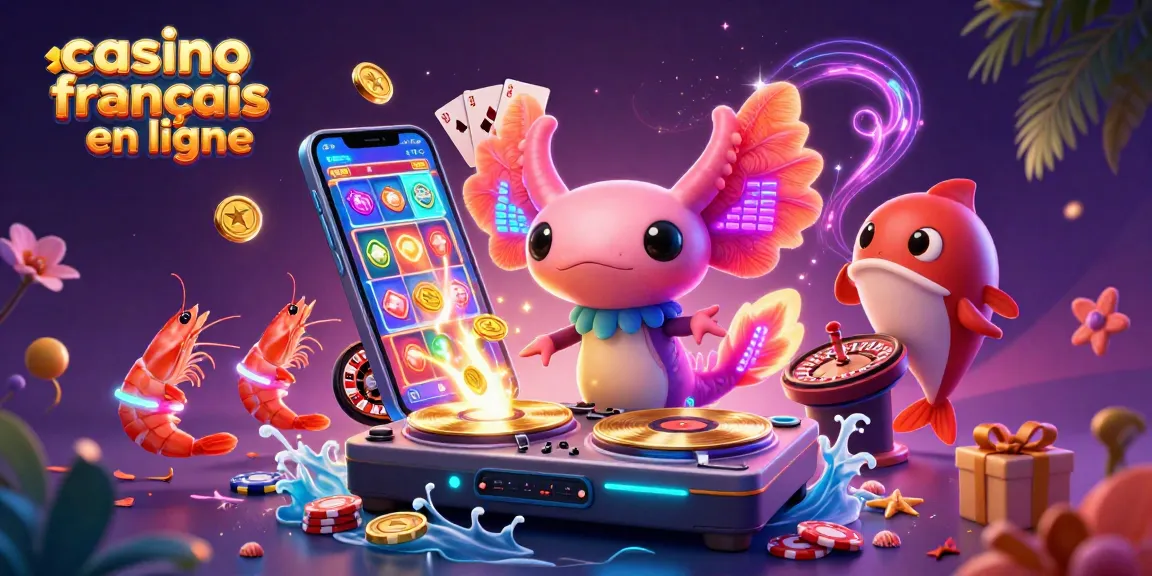 Explorez le casino français en ligne avec un DJ axolotl animé entouré d'éléments de jeu colorés.