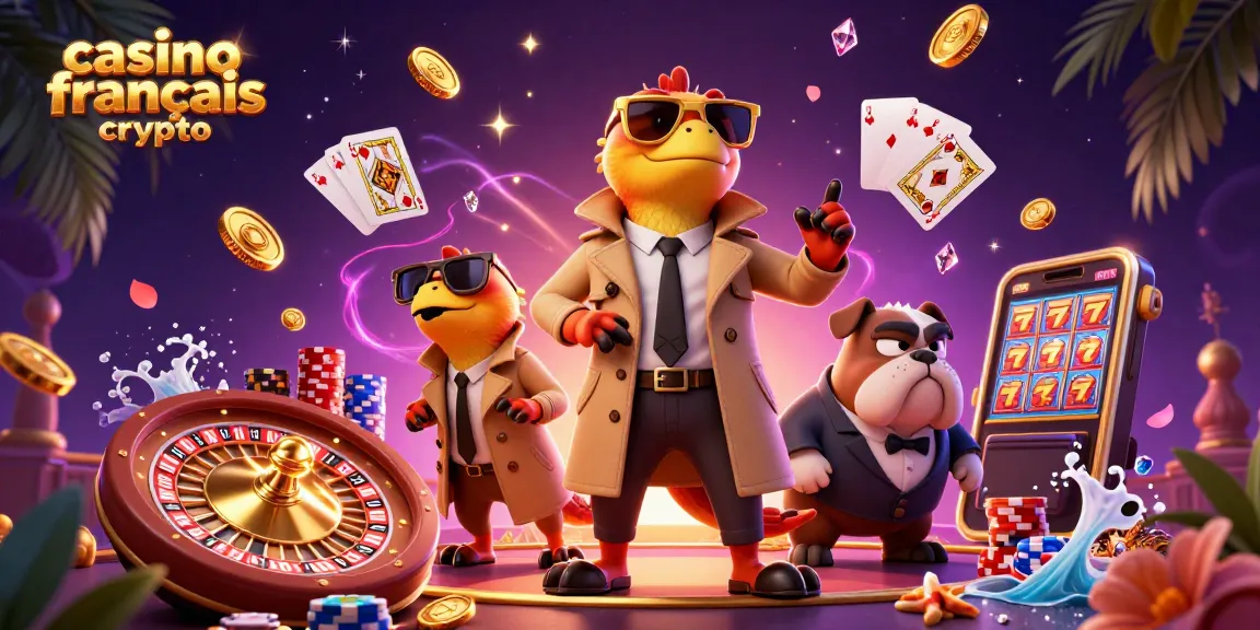Illustration de casino français crypto avec des raptors déguisés et des éléments de jeux.