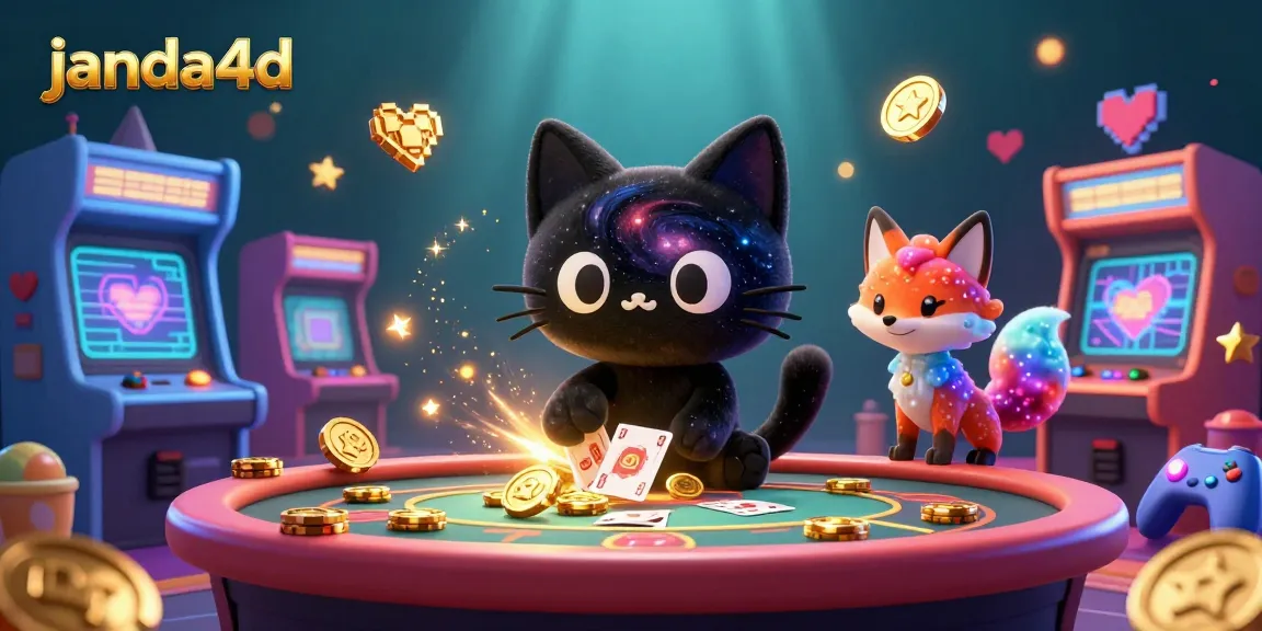 Visualisasi menarik janda4d di kasino online dengan karakter kucing lubang hitam menarik chip dan kartu.