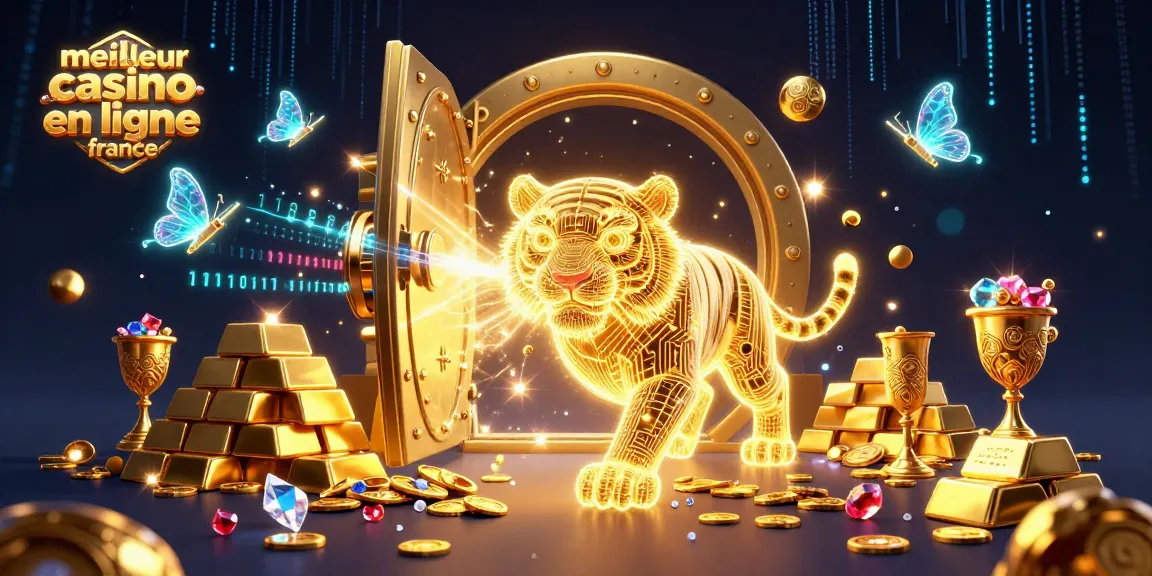 Profitez de l'expérience du meilleur casino en ligne en France avec un tigre holographique dans un paysage numérique.