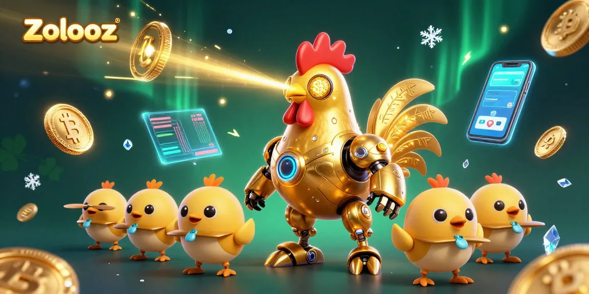 Experience Zolooz's thrilling crypto casino scene featuring a futuristic rooster and vibrant gaming elements.