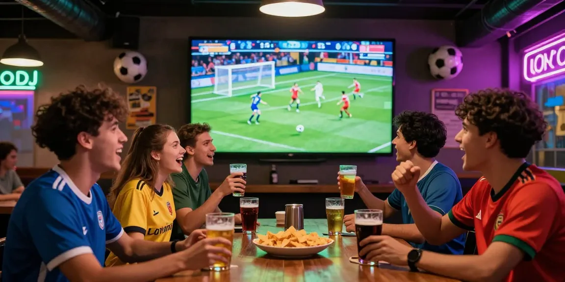 Menonton bola di BOLAKAMI dengan kualitas HD bersama teman-teman di bar olahraga.