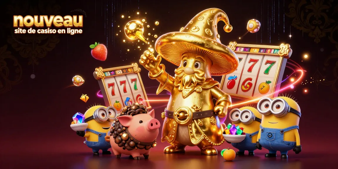 Profitez d'une illustration captivante représentant un nouveau site de casino en ligne avec des éléments magiques et des jackpots.