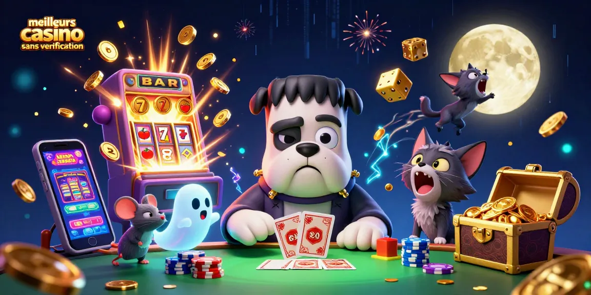 Découvrez les meilleurs casinos sans vérification, avec un bouledogue Frankenstein jouant aux cartes et des éléments de jeu animés.